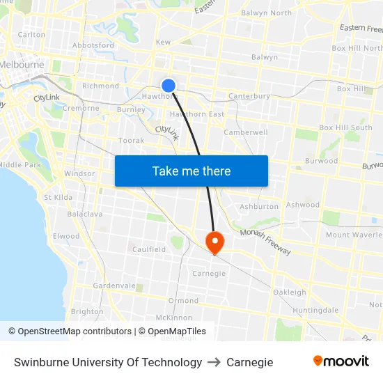 Swinburne University Of Technology to Carnegie map