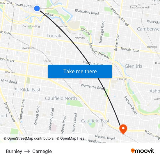 Burnley to Carnegie map