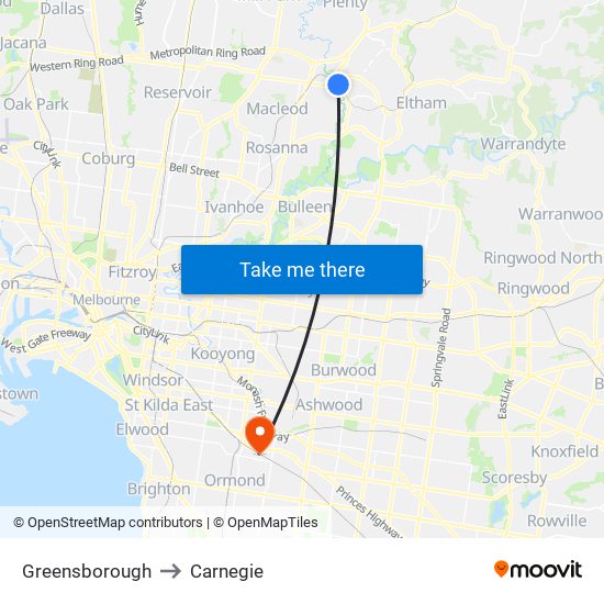 Greensborough to Carnegie map