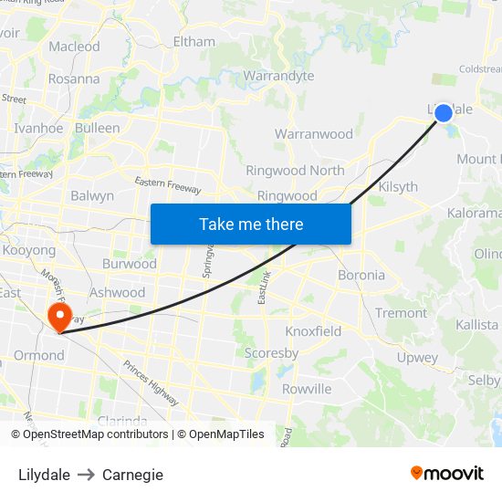 Lilydale to Carnegie map