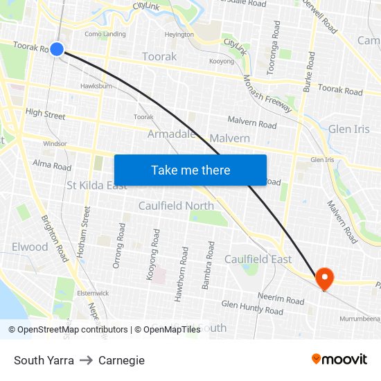 South Yarra to Carnegie map