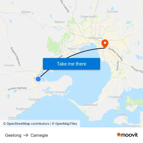 Geelong to Carnegie map
