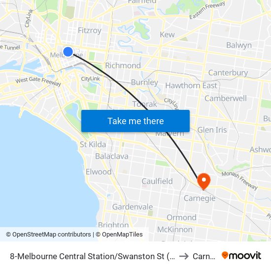 8-Melbourne Central Station/Swanston St (Melbourne City) to Carnegie map