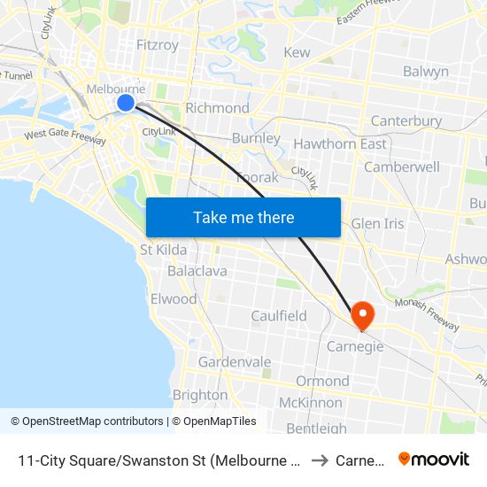 11-City Square/Swanston St (Melbourne City) to Carnegie map