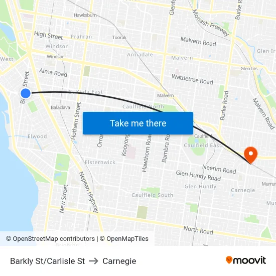 Barkly St/Carlisle St to Carnegie map