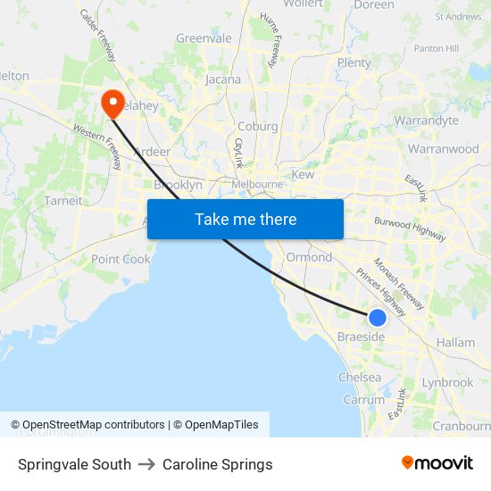 Springvale South to Caroline Springs map