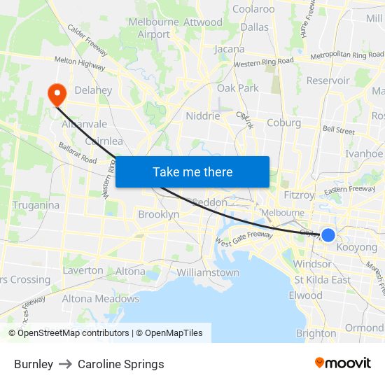 Burnley to Caroline Springs map