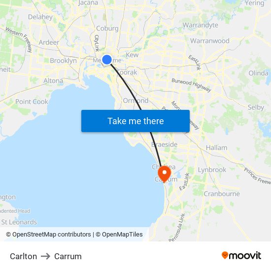 Carlton to Carrum map