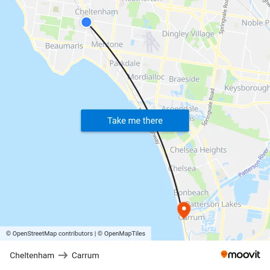 Cheltenham to Carrum map