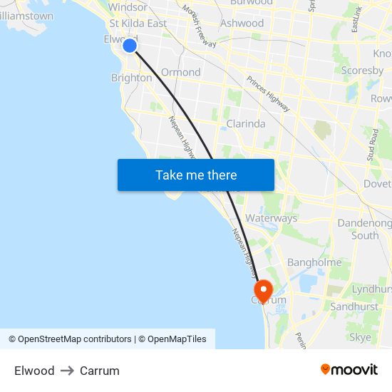 Elwood to Carrum map