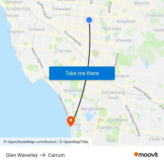 Glen Waverley to Carrum map