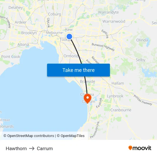 Hawthorn to Carrum map