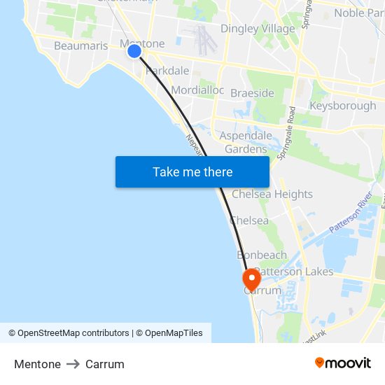 Mentone to Carrum map