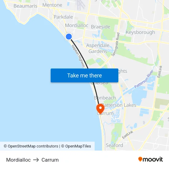 Mordialloc to Carrum map