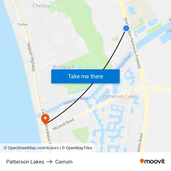Patterson Lakes to Carrum map