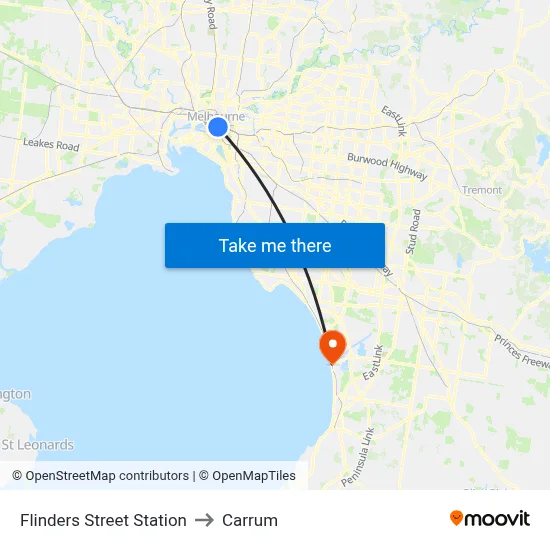 Flinders Street Station to Carrum map