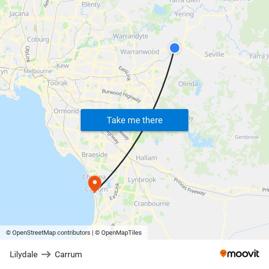 Lilydale to Carrum map