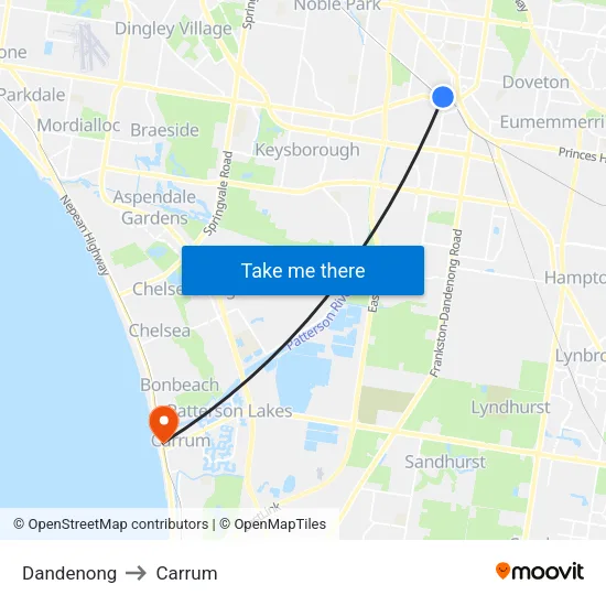 Dandenong to Carrum map