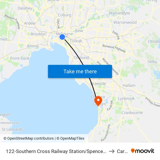 122-Southern Cross Railway Station/Spencer St (Melbourne City) to Carrum map