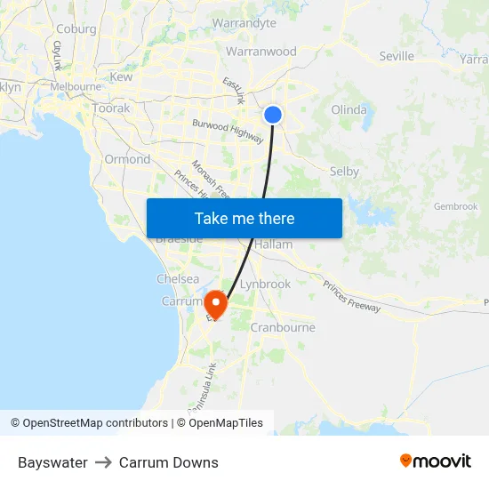 Bayswater to Carrum Downs map