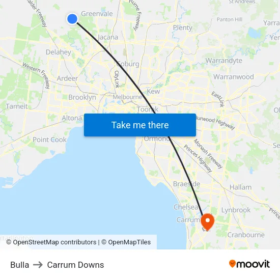 Bulla to Carrum Downs map