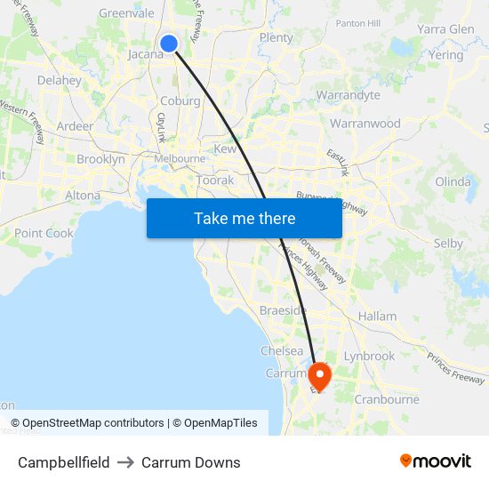 Campbellfield to Carrum Downs map