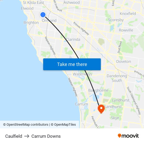 Caulfield to Carrum Downs map