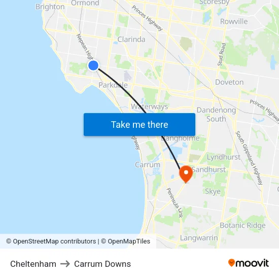 Cheltenham to Carrum Downs map
