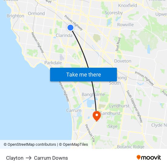 Clayton to Carrum Downs map