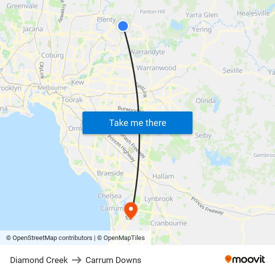 Diamond Creek to Carrum Downs map