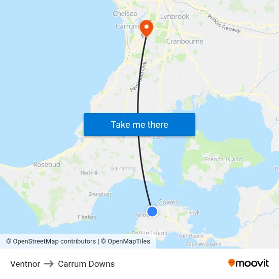 Ventnor to Carrum Downs map