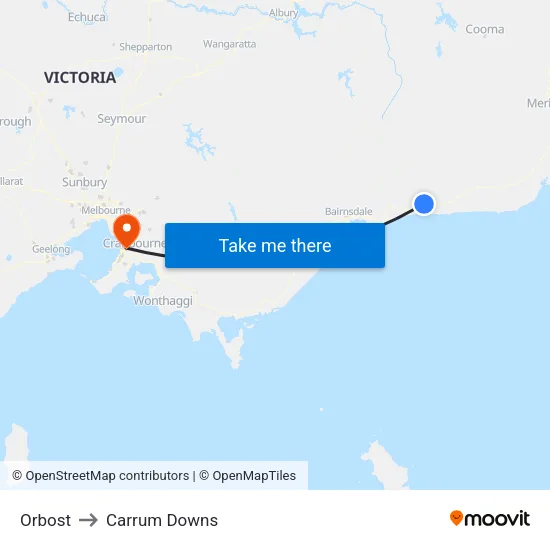 Orbost to Carrum Downs map