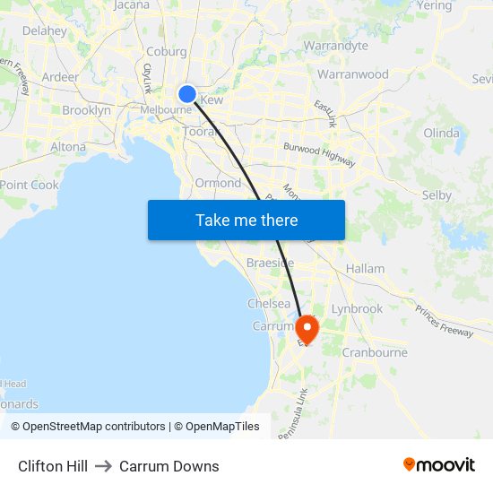 Clifton Hill to Carrum Downs map