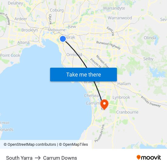 South Yarra to Carrum Downs map