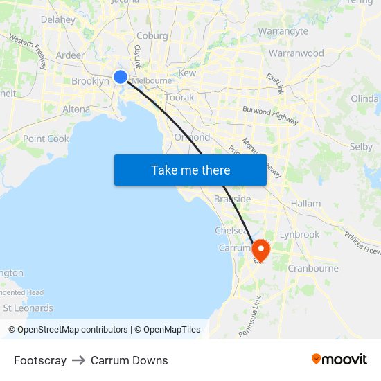 Footscray to Carrum Downs map