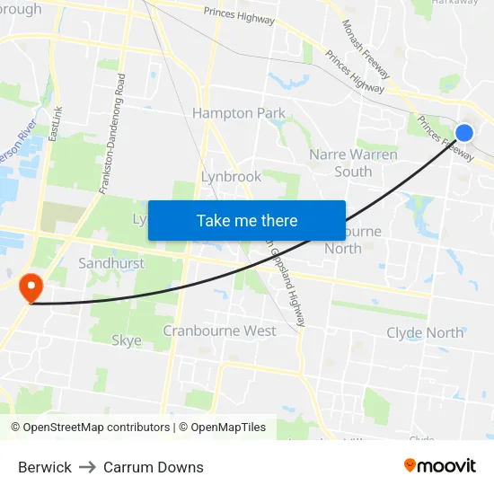 Berwick to Carrum Downs map