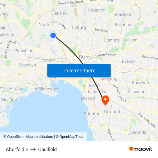 Aberfeldie to Caulfield map