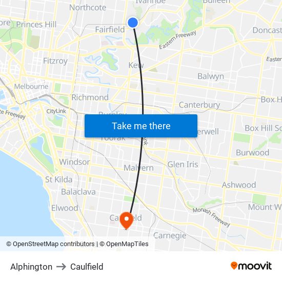 Alphington to Caulfield map