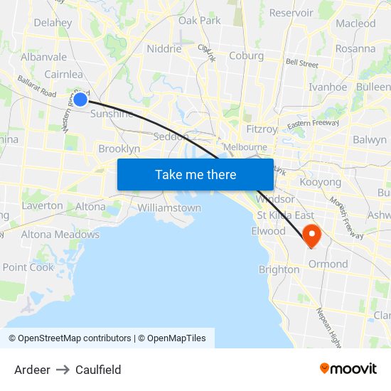 Ardeer to Caulfield map