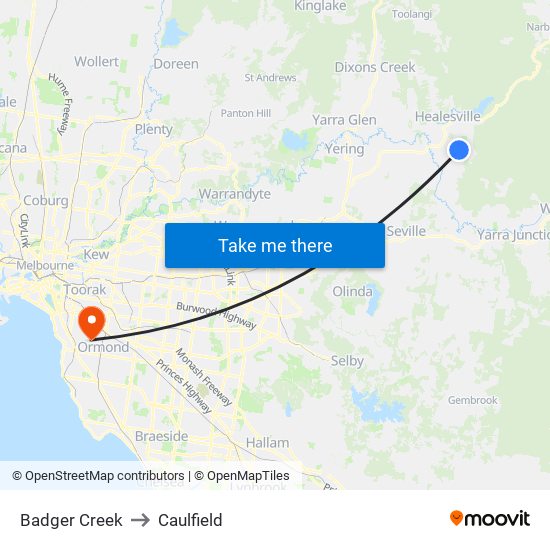 Badger Creek to Caulfield map