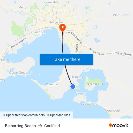 Balnarring Beach to Caulfield map