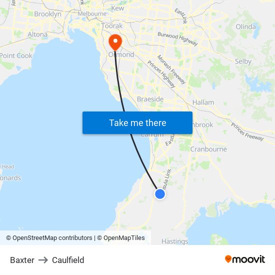 Baxter to Caulfield map