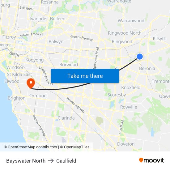 Bayswater North to Caulfield map