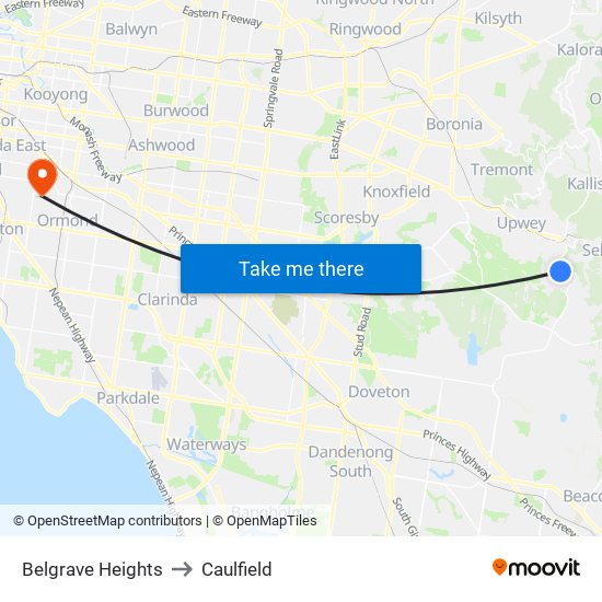 Belgrave Heights to Caulfield map