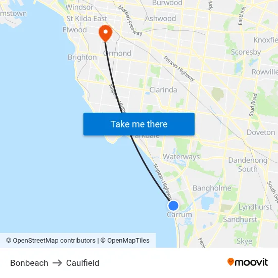 Bonbeach to Caulfield map