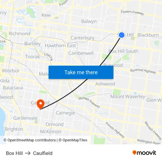 Box Hill to Caulfield map