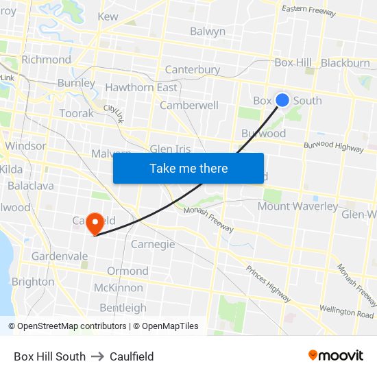 Box Hill South to Caulfield map