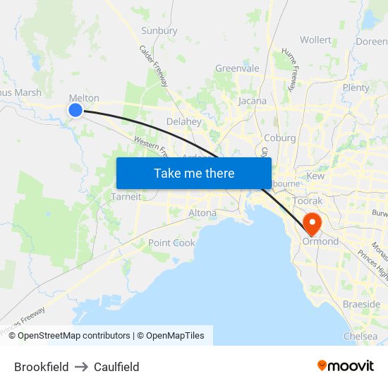 Brookfield to Caulfield map