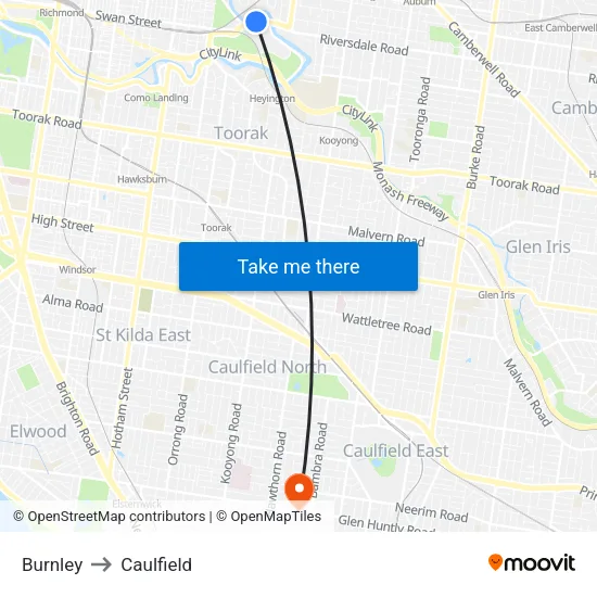 Burnley to Caulfield map