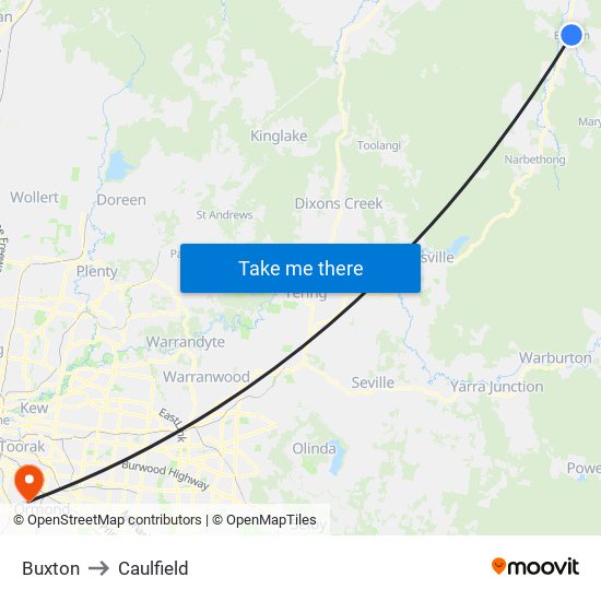 Buxton to Caulfield map